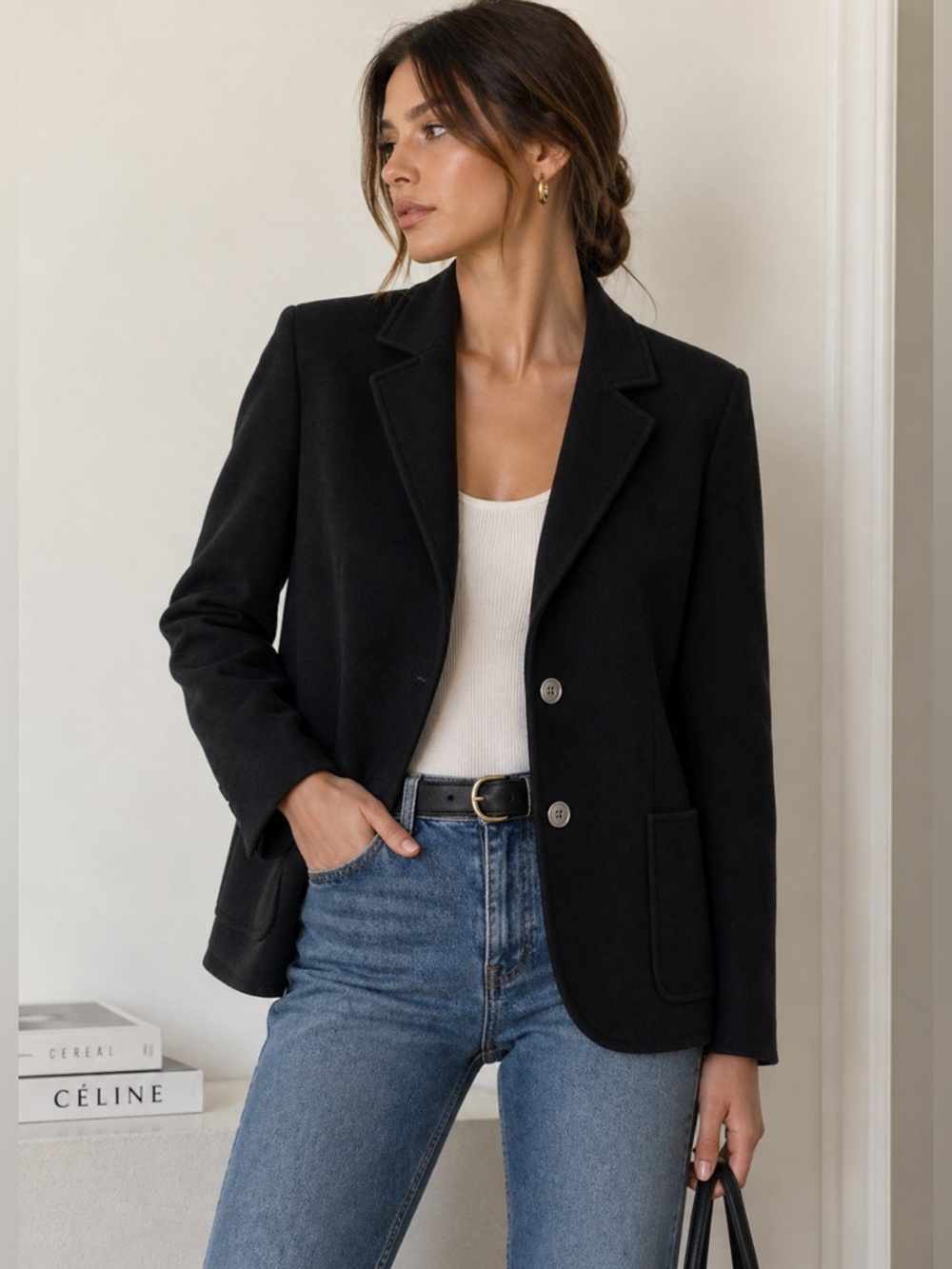 Celine Black Wool Cashmere Blend Blazer Minimalist Tailored Jacket S